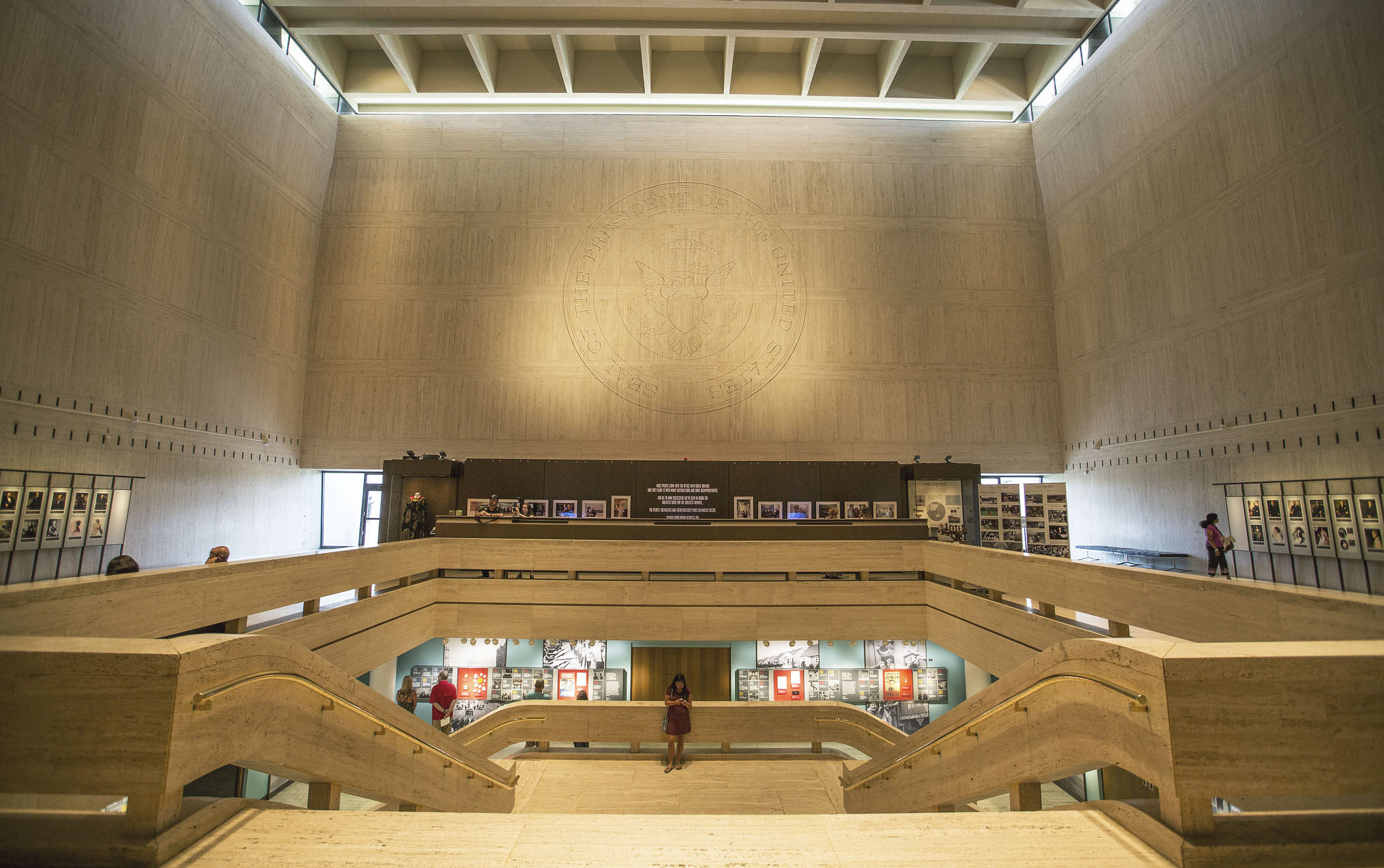 A view of the seal in the Great Hall of the LBJ Library.